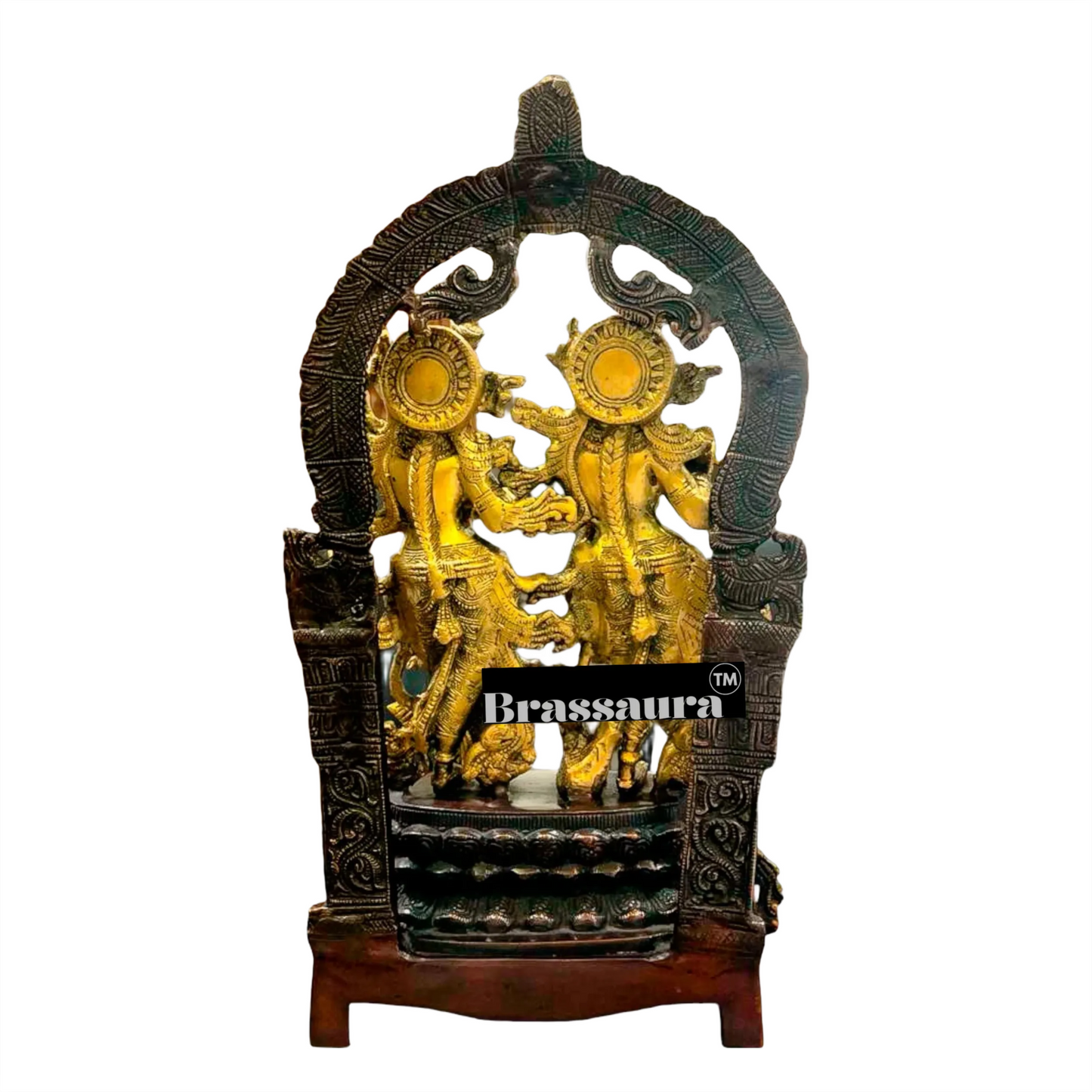 Brassaura™ Brass Radha Krishna Idol Pair with Peacocks & Prabhavali Arch – Height 17.5 Inches & Weight 10 Kgs | Elegant Devotional Sta
