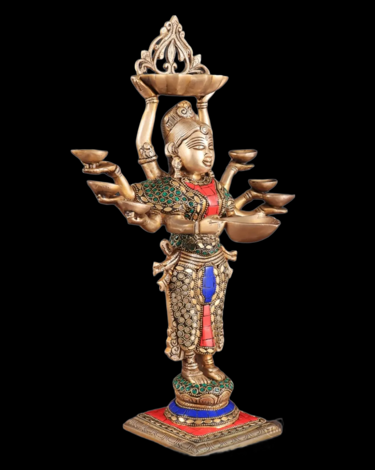 Brassaura™ Brass Deep Lakshmi Idol with Ten Hands – Height 15 Inches | Handcrafted Goddess Statue, 4 Kgs