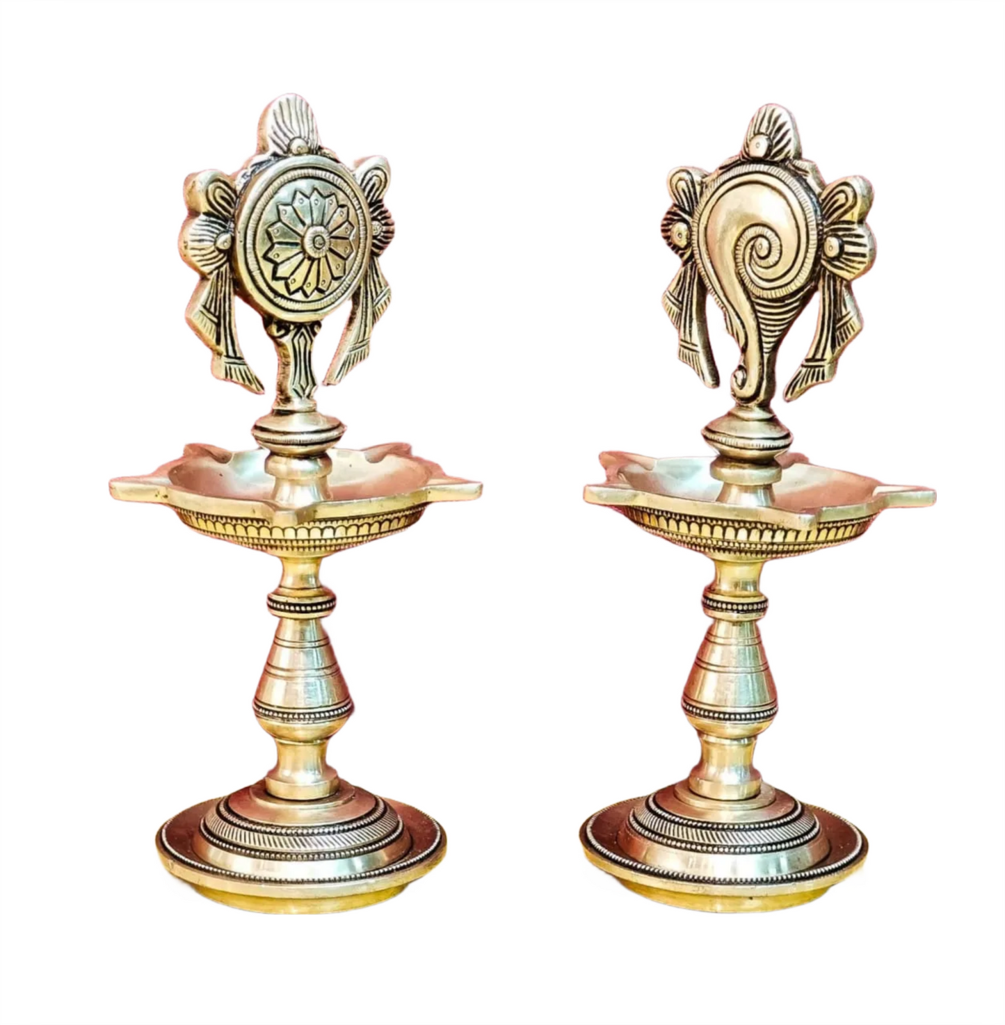 Brassaura™ Brass Shankhu Chakra Panchdeepam Oil Lamps – Height 9 Inches | Pair of 5-Wick Lamps, 2.5 Kgs