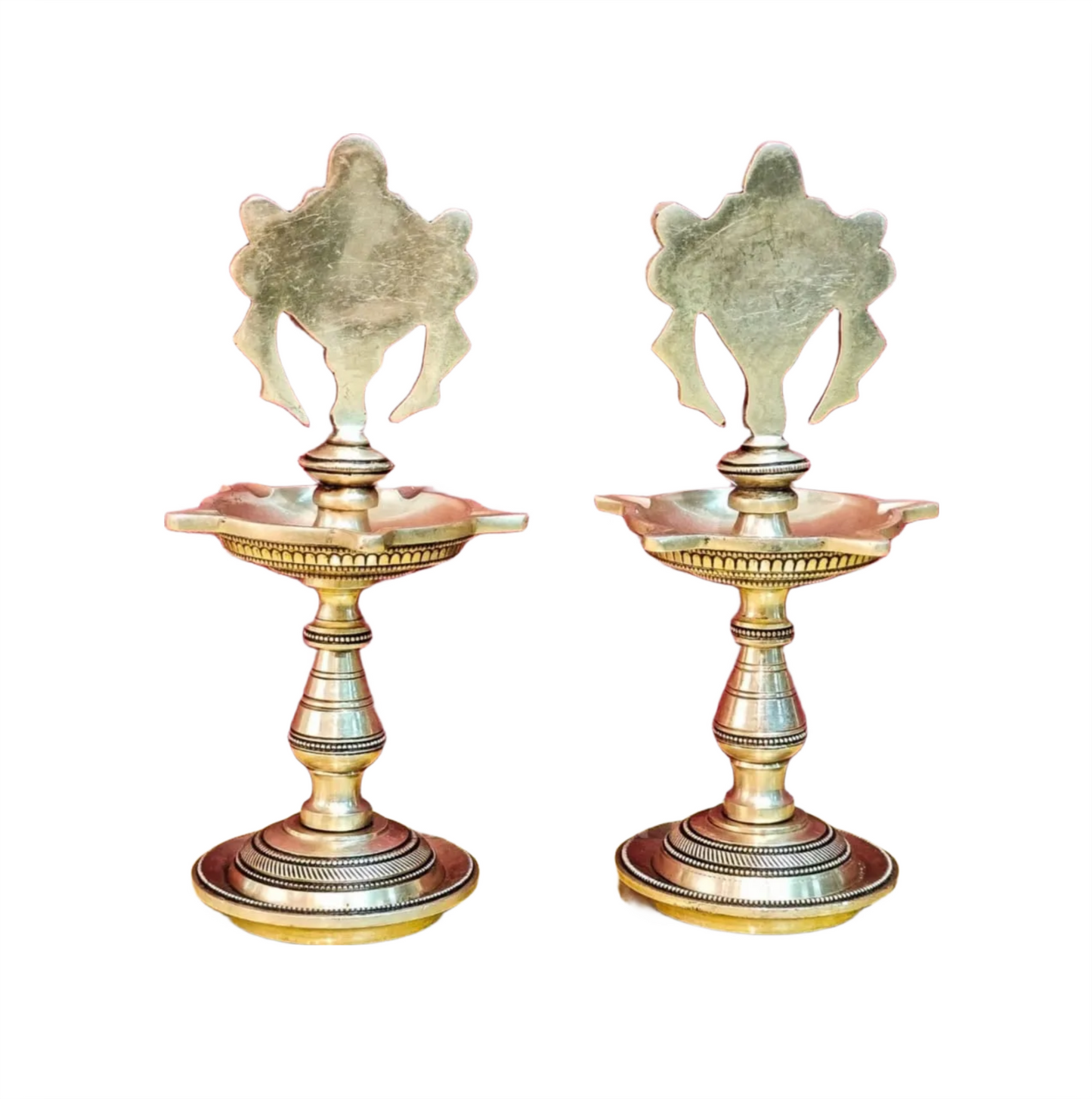 Brassaura™ Brass Shankhu Chakra Panchdeepam Oil Lamps – Height 9 Inches | Pair of 5-Wick Lamps, 2.5 Kgs