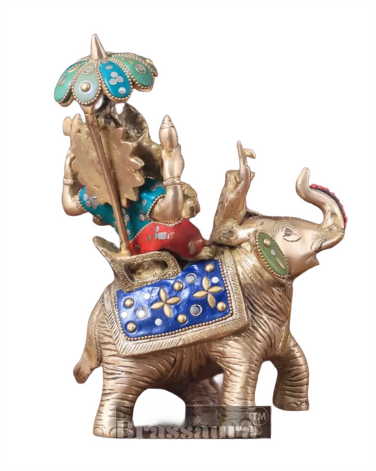 Handcrafted Brass Ganesha on Ambari with Meenakari Stonework – Height 9.5 Inches, Weight 3 Kgs