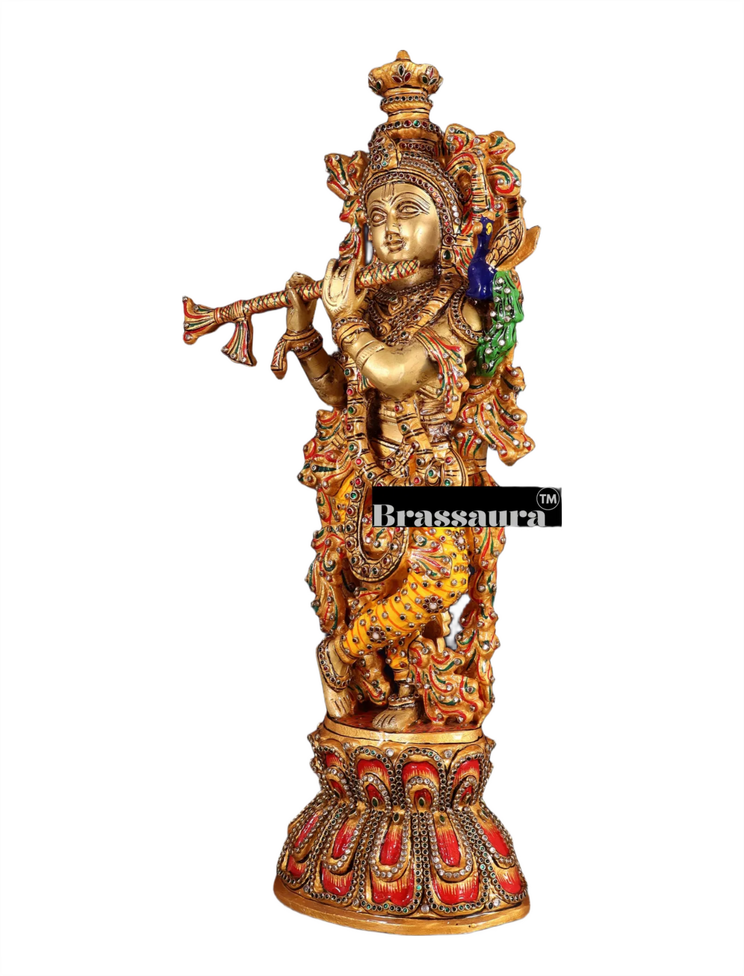 Brassaura™ Brass Krishna Statue with Natural Stones – Height 21" | Weight 9 Kgs