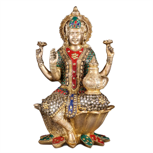Brassaura™ Brass Gem Stone Work Sitting Laxmi Mata For Home & Temple Idol-Height 12 Inches & Weight 5.5 Kgs