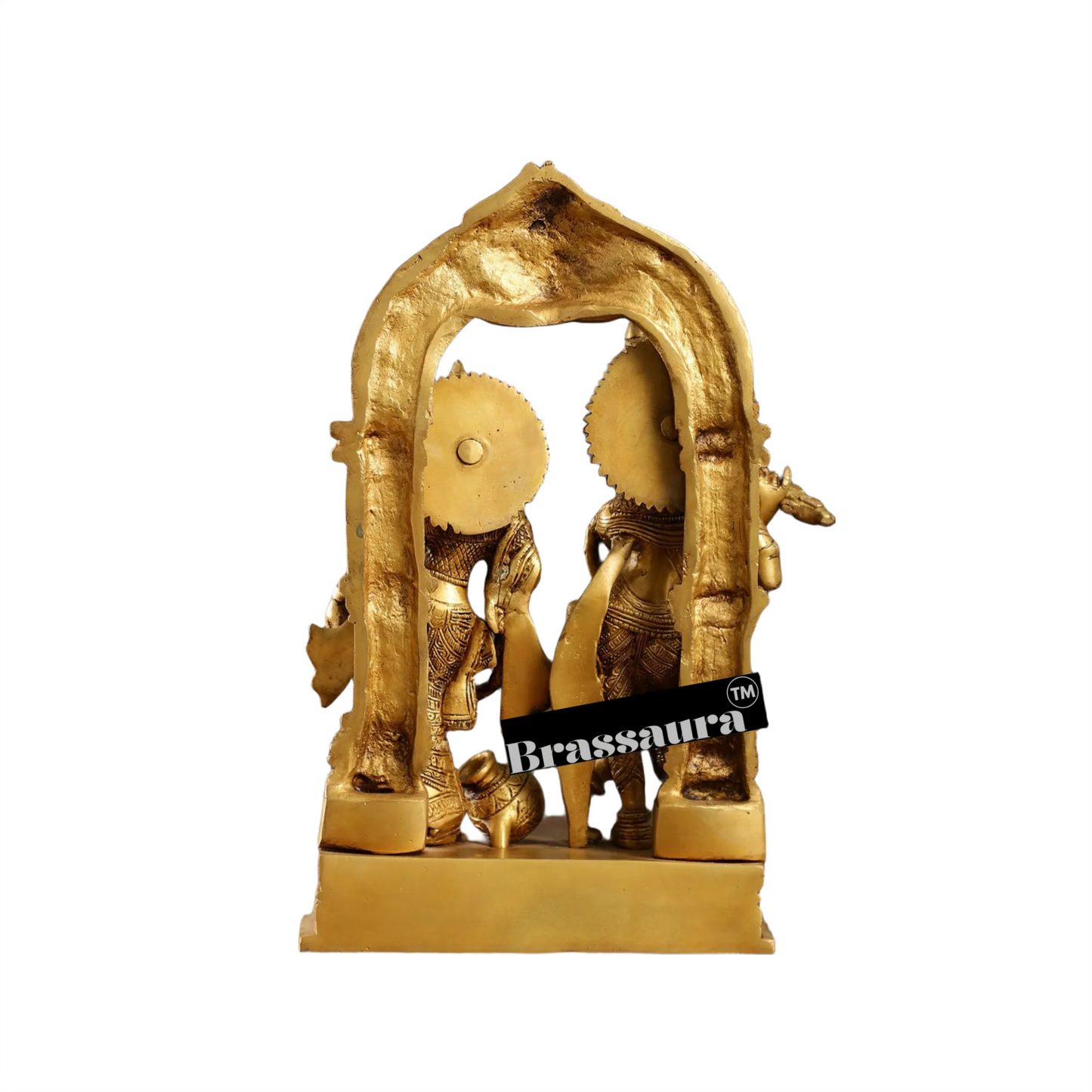Brassaura™ Handcrafted Radha Krishna Brass Idol with Yali Prabhavali – 14 Inch Height, 7.5 Kg | Divine Flute & Butter Pot Detail