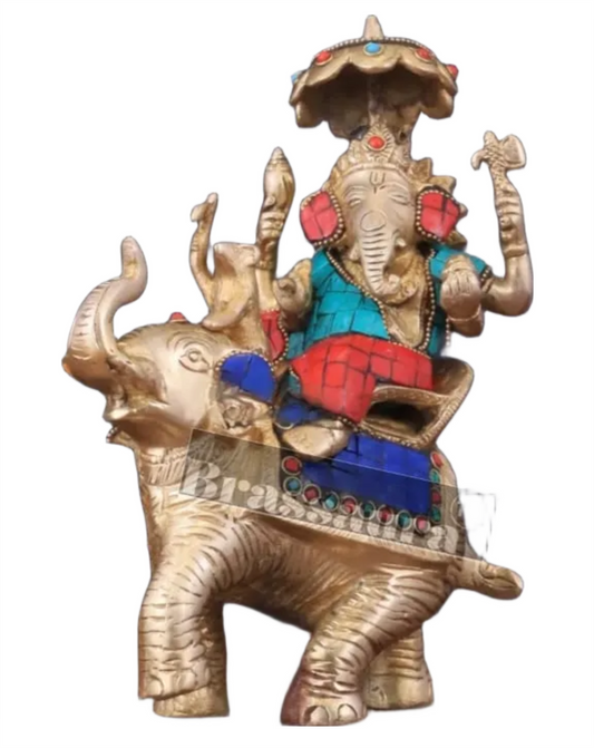 Handcrafted Brass Ganesha on Ambari with Meenakari Stonework – Height 9.5 Inches, Weight 3 Kgs