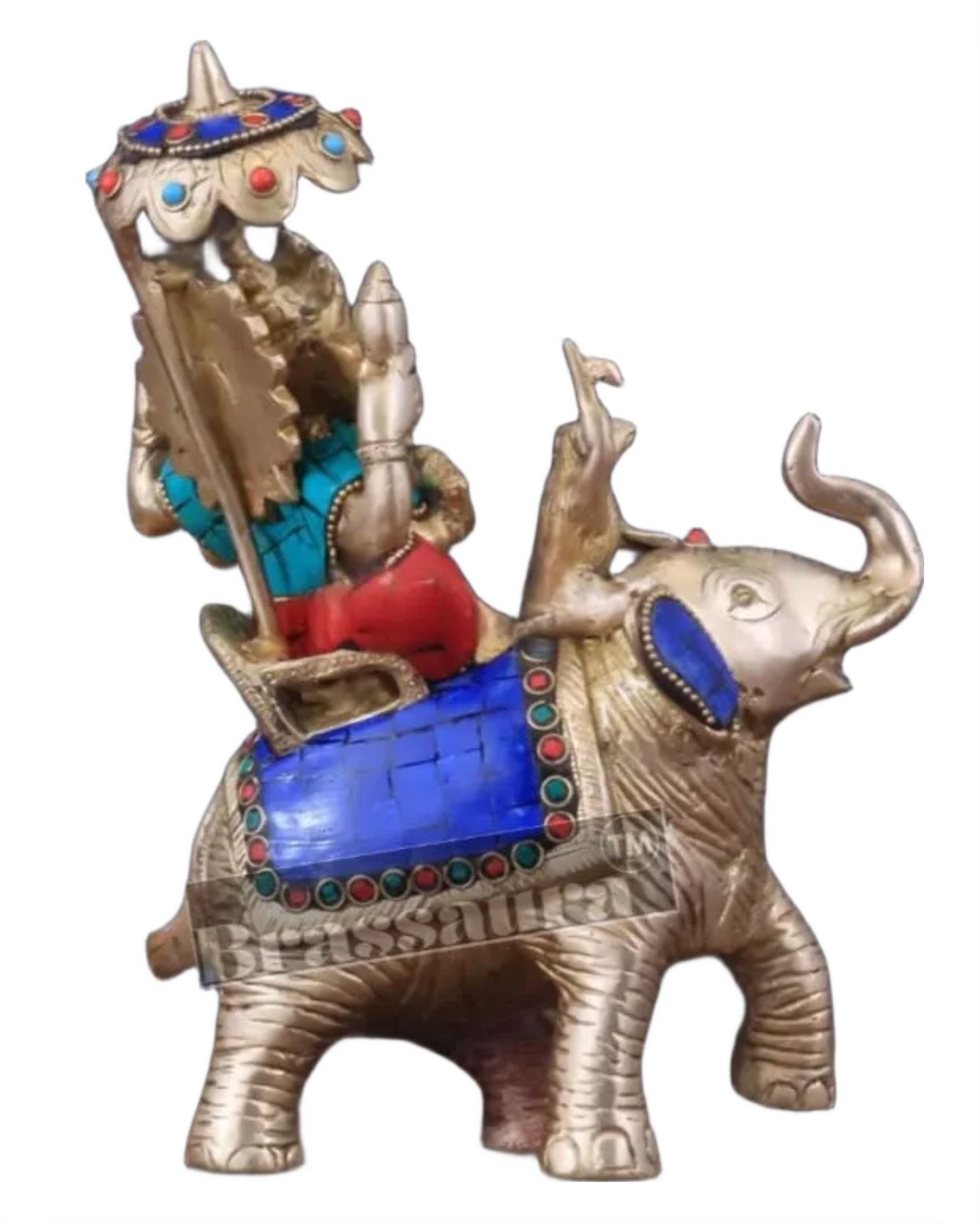 Handcrafted Brass Ganesha on Ambari with Meenakari Stonework – Height 9.5 Inches, Weight 3 Kgs