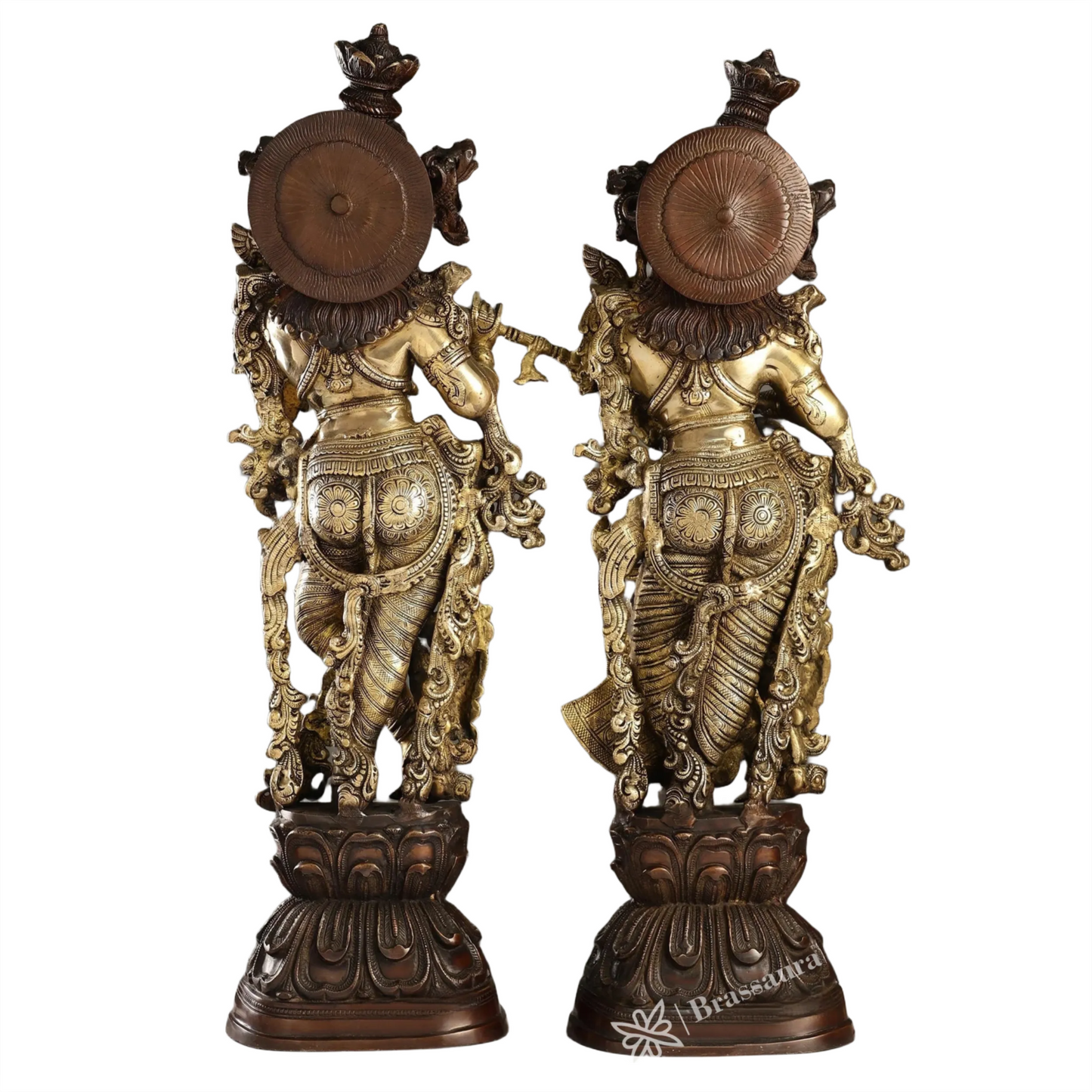 Brassaura™ Antique Brass Handcrafted Radha Krishna Statue – 30 Inch Height, 33 Kg | Intricate Detailing & Vintage Finish