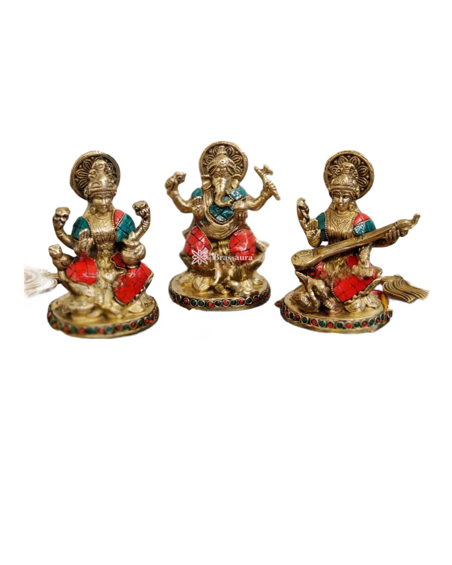Brass Gem Stone Work Laxmi Ganesha Saraswati Murti for Home and Decor Height 5 Inches & Weight 3 Kgs