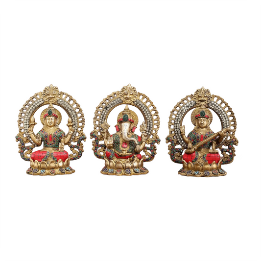 Brassaura™ Brass Gem Stone Work Laxmi Ganesha Saraswati Murti – Height 9.5 Inches & Weight 10.2 Kgs | Divine Home & Temple Décor