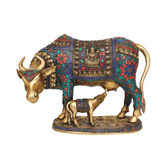 Brassaura® Kamdhenu Cow with Calf and Multicolor Inlay | Brass Sculpture | Height 11 Inches & Weight 8 kgs