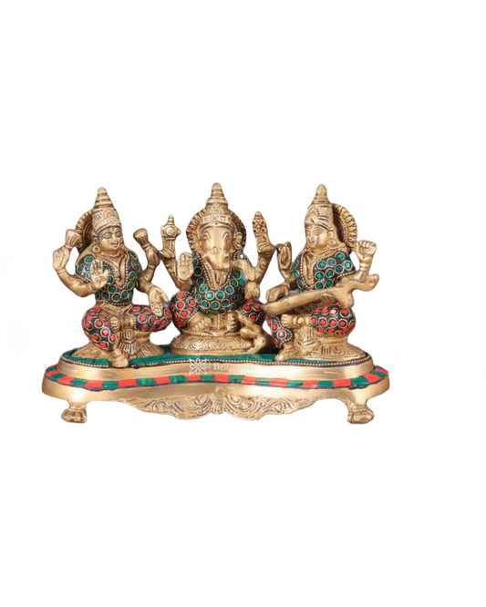 Brassaura™ Brass Gem Stone Work Laxmi Ganesha Saraswati Murti – Height 6.2 Inches & Weight 3 Kgs | Divine Trio Idol