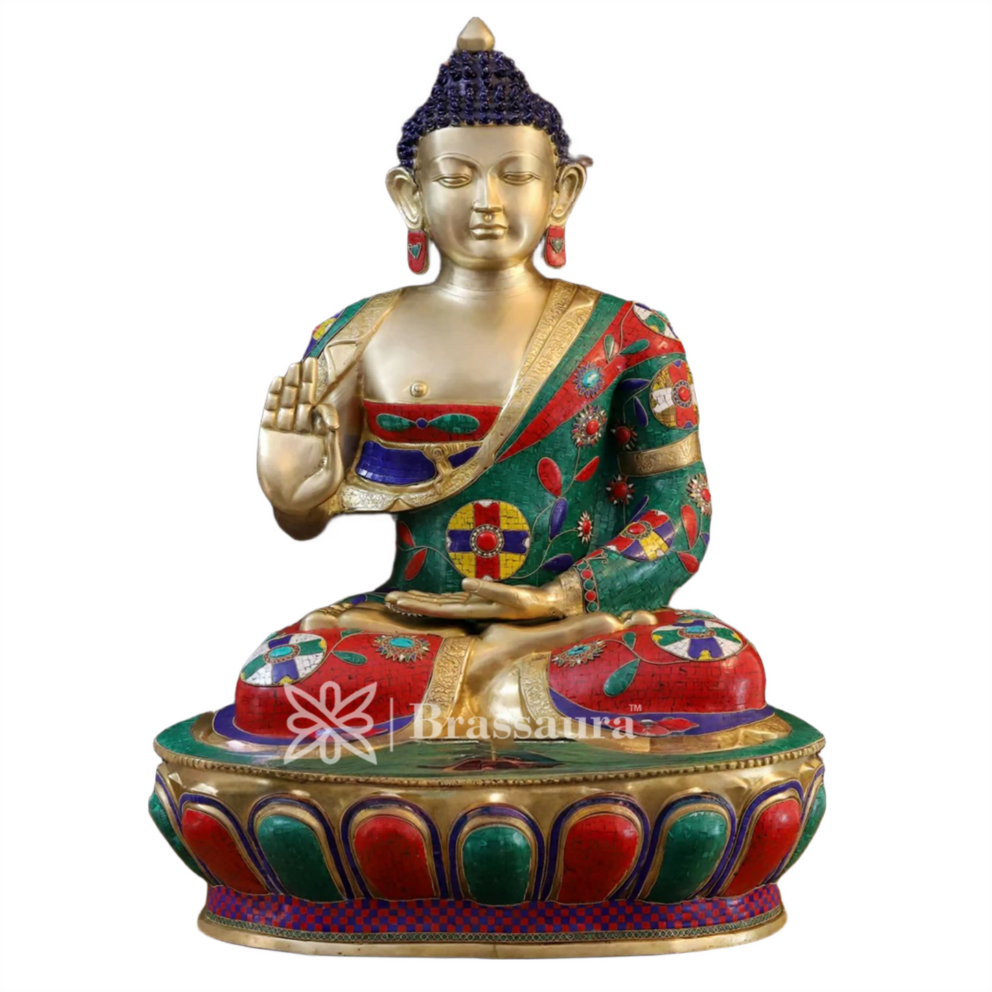 Brass Gem Stone Work Standing Buddha Weight 94.2 Kg Height 45.5 Inch