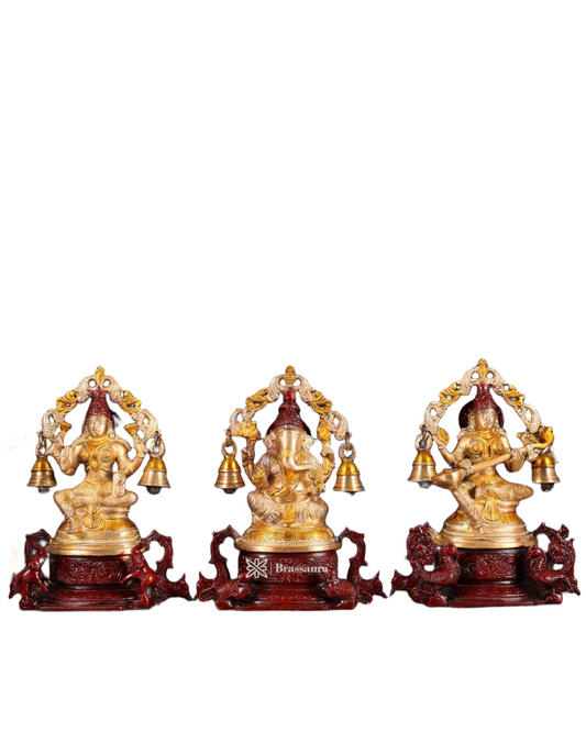 Brassaura™ Brass Antique Laxmi Ganesha Saraswati Idol – Height 8.2 Inches & Weight 6.51 Kgs | Puja & Home Décor