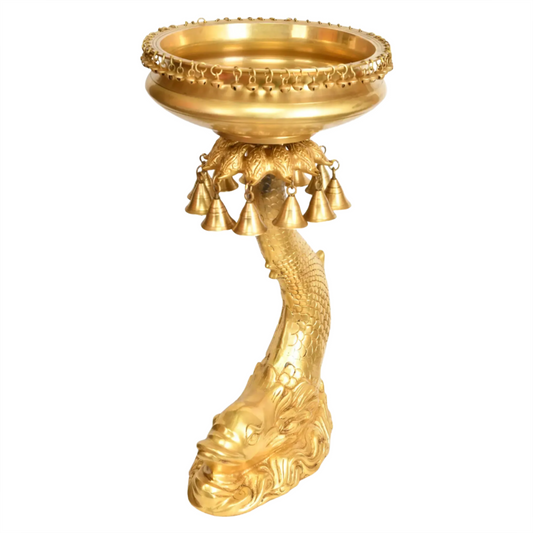 Brassaura® Brass Fish Urli Bowl Stand with Hanging Bells | Pure Brass | Height 24.4 Inches & Weight 15.60 kgs
