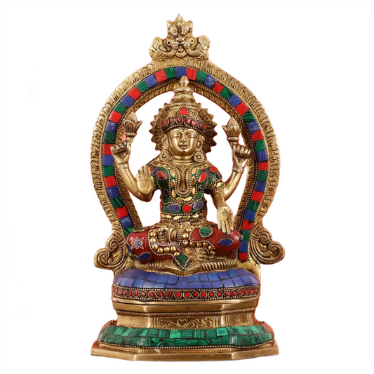Brassaura™ Brass Gem Stone Work Laxmi Idol – Height 11.5 Inches & Weight 4 Kgs | Puja Room Hindu Murti