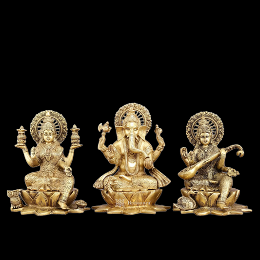 Brassaura® Traditional Brass Antique Laxmi Ganesha Saraswati Murti – Height 11 | Hindu Idol