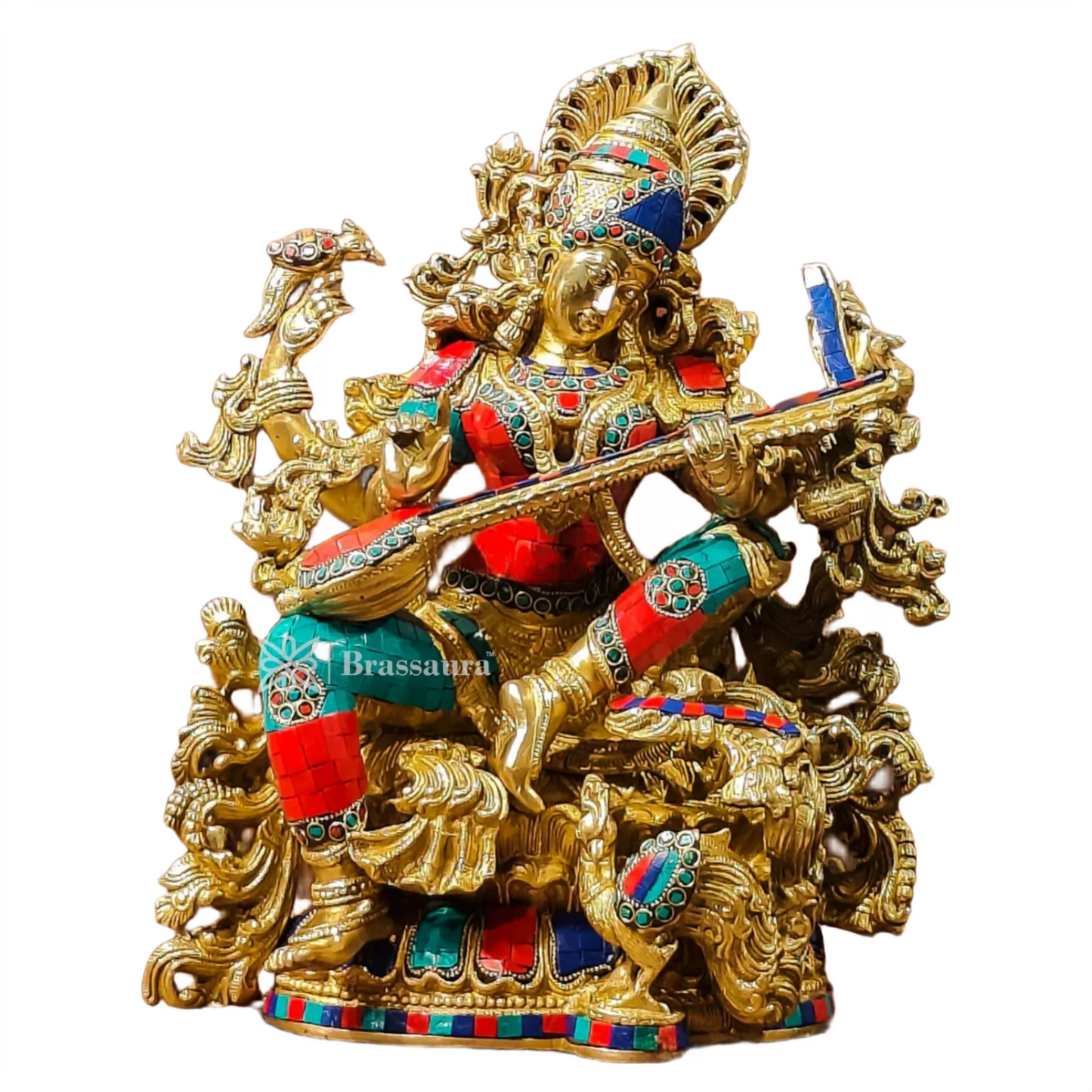 Brass Gem Stone Work Saraswati for Home and Decor Height 16 Inches & Weight 15 Kgs