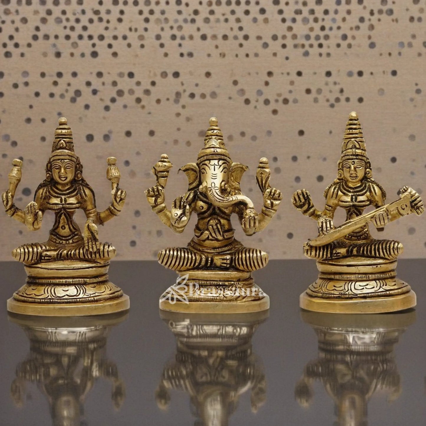 Brassaura™ Handcrafted Brass Laxmi Ganesha Saraswati Murti – Height 3.5 Inches & Weight 0.9 Kgs | Puja Room Idol