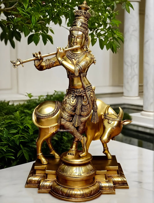 Brassaura™ Superfine Brass Krishna with Cow – Height 27 Inches & Weight 26 Kgs