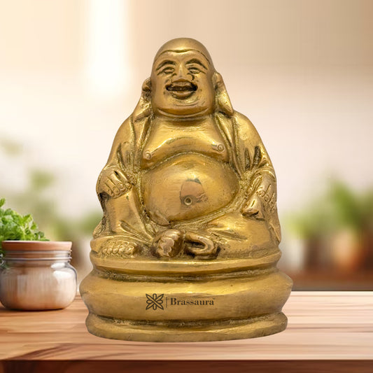 Brassaura® Brass Laughing Buddha Idol for Home Decor | Pure Superfine Brass Handcrafted Murti | Brass Statue for Home Temple, Pooja Room | Height 3.54 Inches | Weight 0.45 Kg