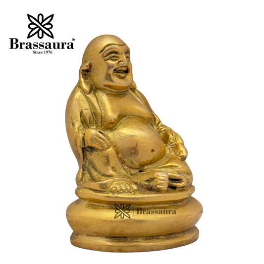 Brassaura® Brass Laughing Buddha Idol for Home Decor | Pure Superfine Brass Handcrafted Murti | Brass Statue for Home Temple, Pooja Room | Height 3.54 Inches | Weight 0.45 Kg