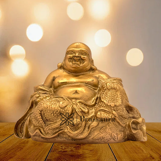 Brassaura® Brass Laughing Buddha Idol for Home Decor | Pure Superfine Brass Handcrafted Murti | Brass Statue for Home Temple, Pooja Room | Height 3.94 Inches | Weight 1.3 Kg