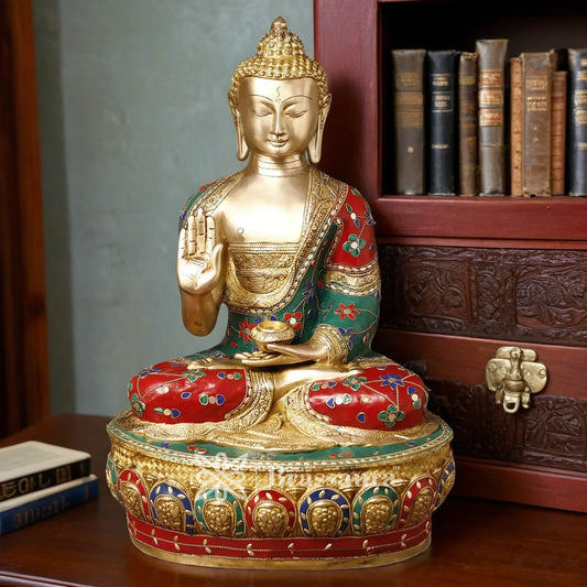 Brass Gem Stone Work Standing Buddha Weight 18.84 Kg Height 20.5 Inch