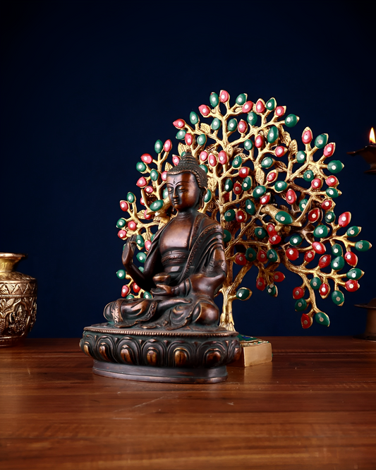 Brassaura™ Brass Buddha With Tree – Weight 4.25 Kgs | Serene Artwork Representing Enlightenment & Calm