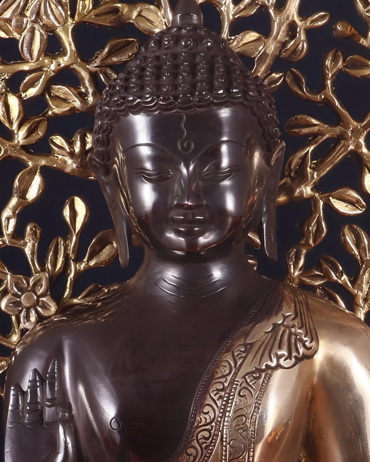 Brass Blessing Buddha Tree Statue Weight 11.98 kg & Height 14.5 Inch