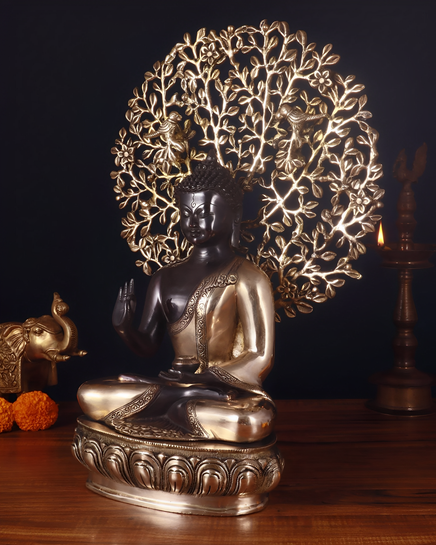 Brass Blessing Buddha Tree Statue Weight 11.98 kg & Height 14.5 Inch