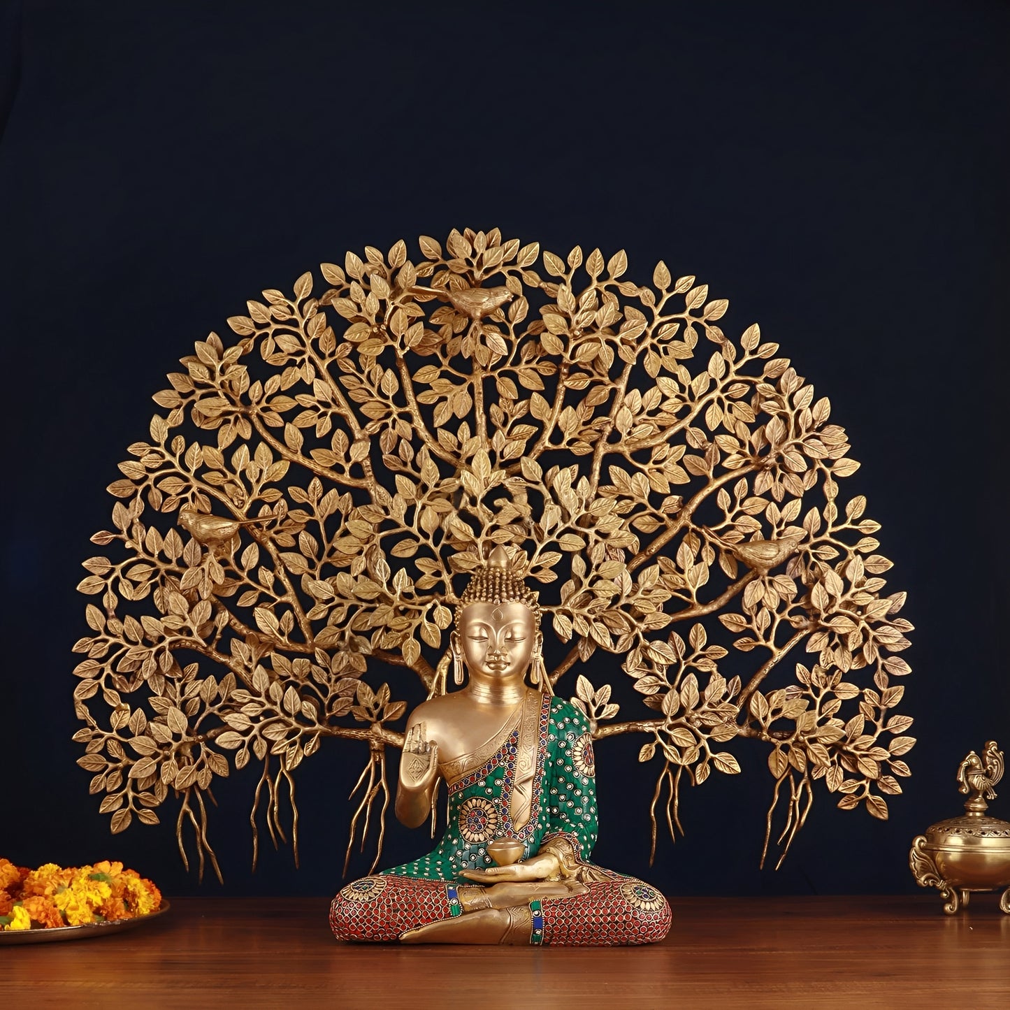 Brass Gem Stone Work Blessing Buddha Statue Weight 8 kg Kalpavriksha Tree 18 kg
