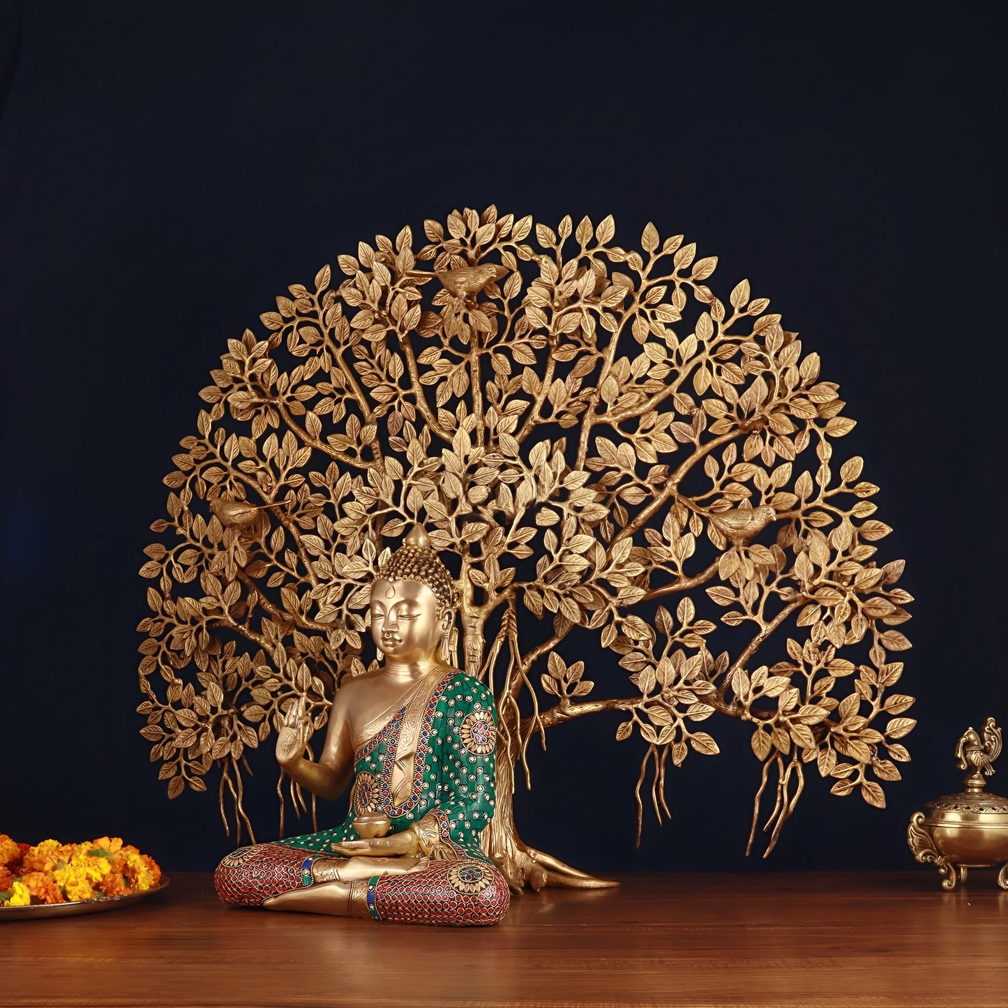 Brass Gem Stone Work Blessing Buddha Statue Weight 8 kg Kalpavriksha Tree 18 kg