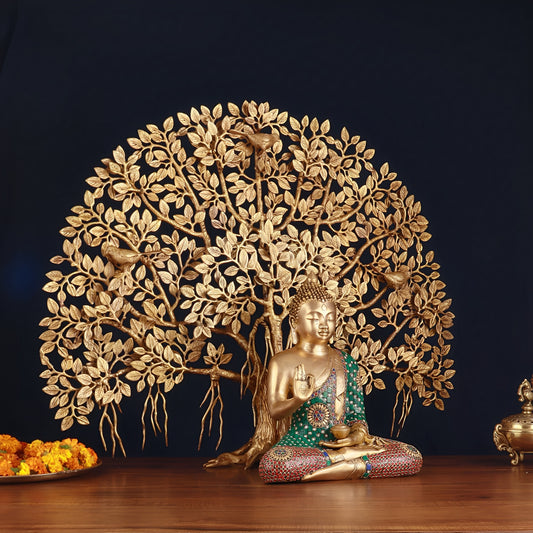 Brassaura™ Brass Gem Stone Work Buddha With Kalpavriksha Tree – Weight 26 Kgs | Symbol of Enlightenment Beneath the Celestial Tree