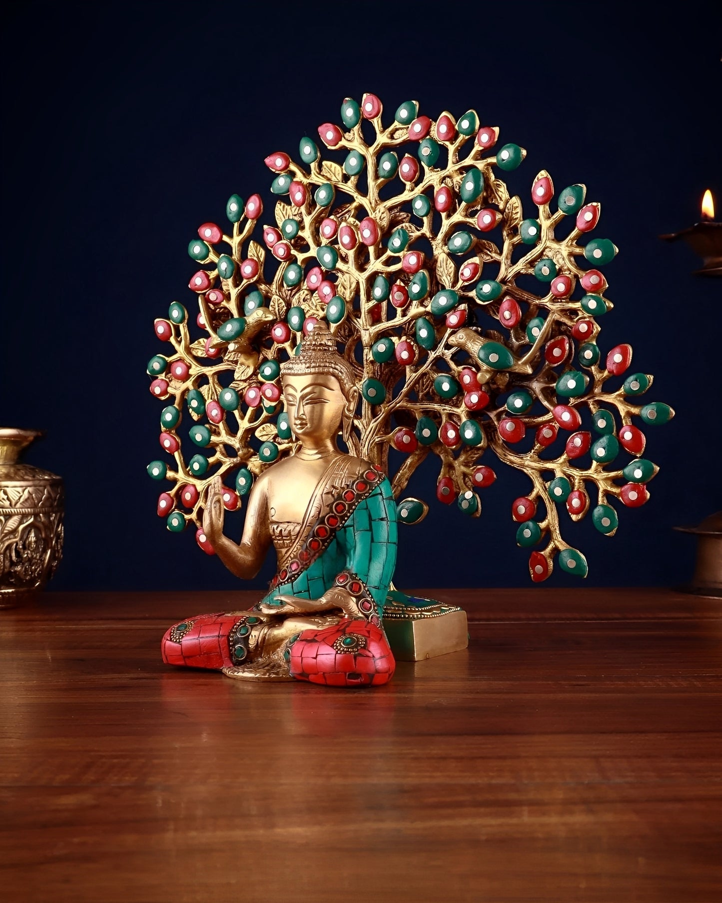Brass Gem Stone Work Tree Blessing Buddha Statue Weight 3.2 kg