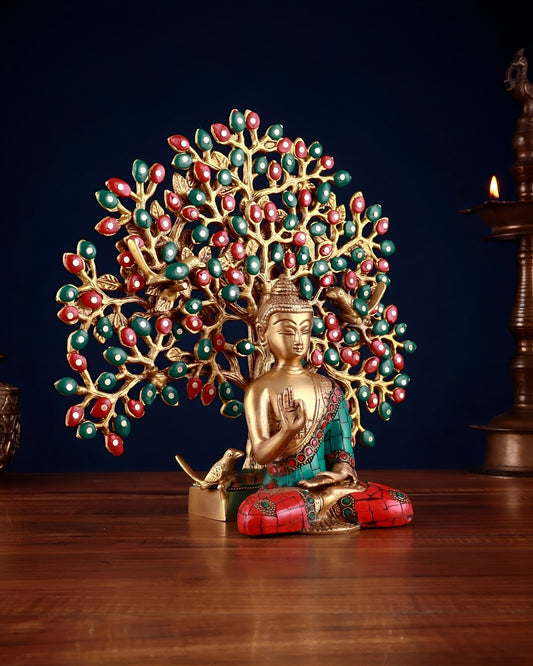 Brassaura™ Brass Gem Stone Work  Buddha With Tree – Weight 3.5 Kgs | Peaceful Meditation Idol for Home & Temple Décor