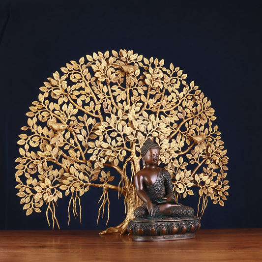 Brassaura™ Brass Buddha With Kalpavriksha Tree – Weight 24.8 Kgs | Majestic Sculpture for Peaceful Home Interiors