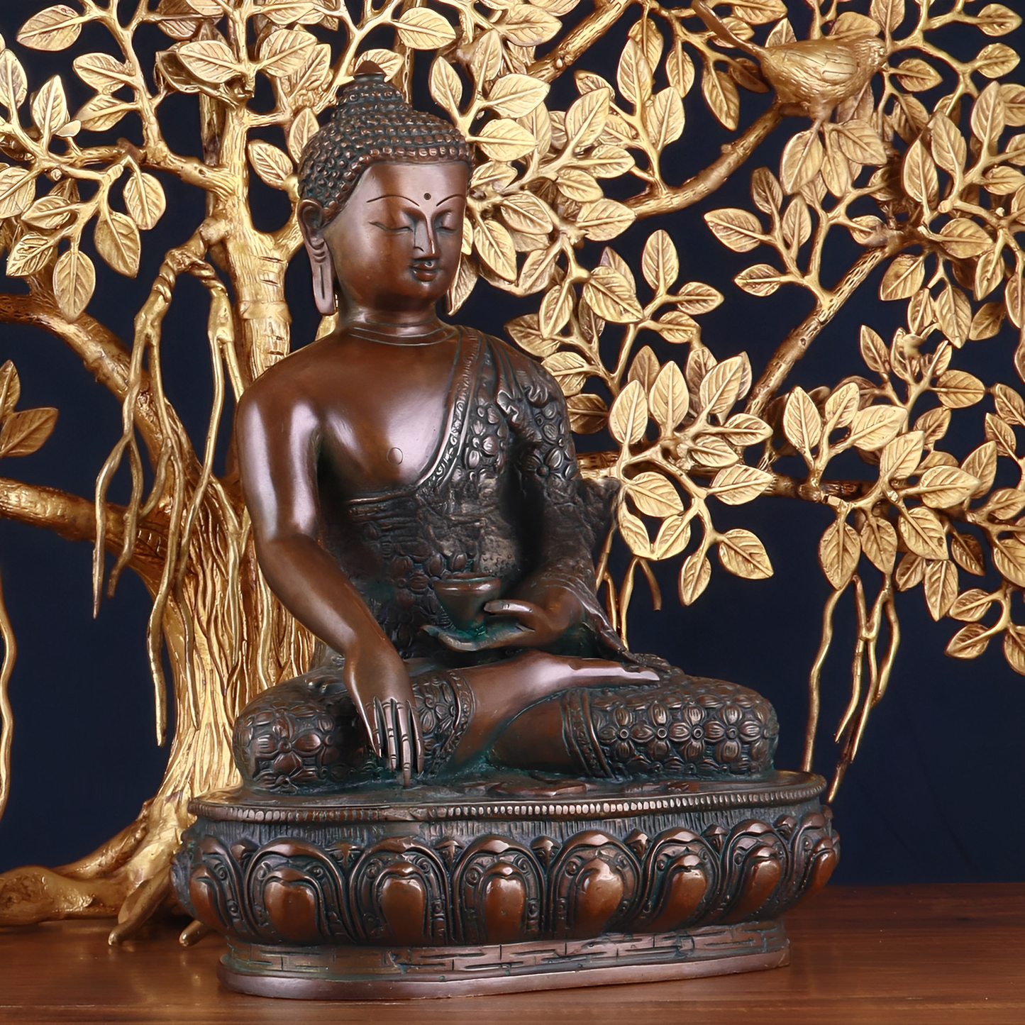 Brass Bhumisprasa Buddha Statue Weight 6.8 kg Kalpavriksha Tree Weight 18 kg