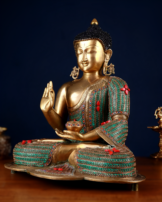 Brass Gem Stone Work Blessing Buddha Statue Weight 20 kg & Height 20 Inch