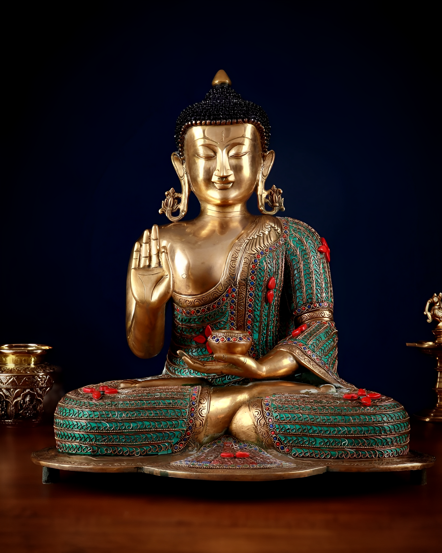 Brass Gem Stone Work Blessing Buddha Statue Weight 20 kg & Height 20 Inch