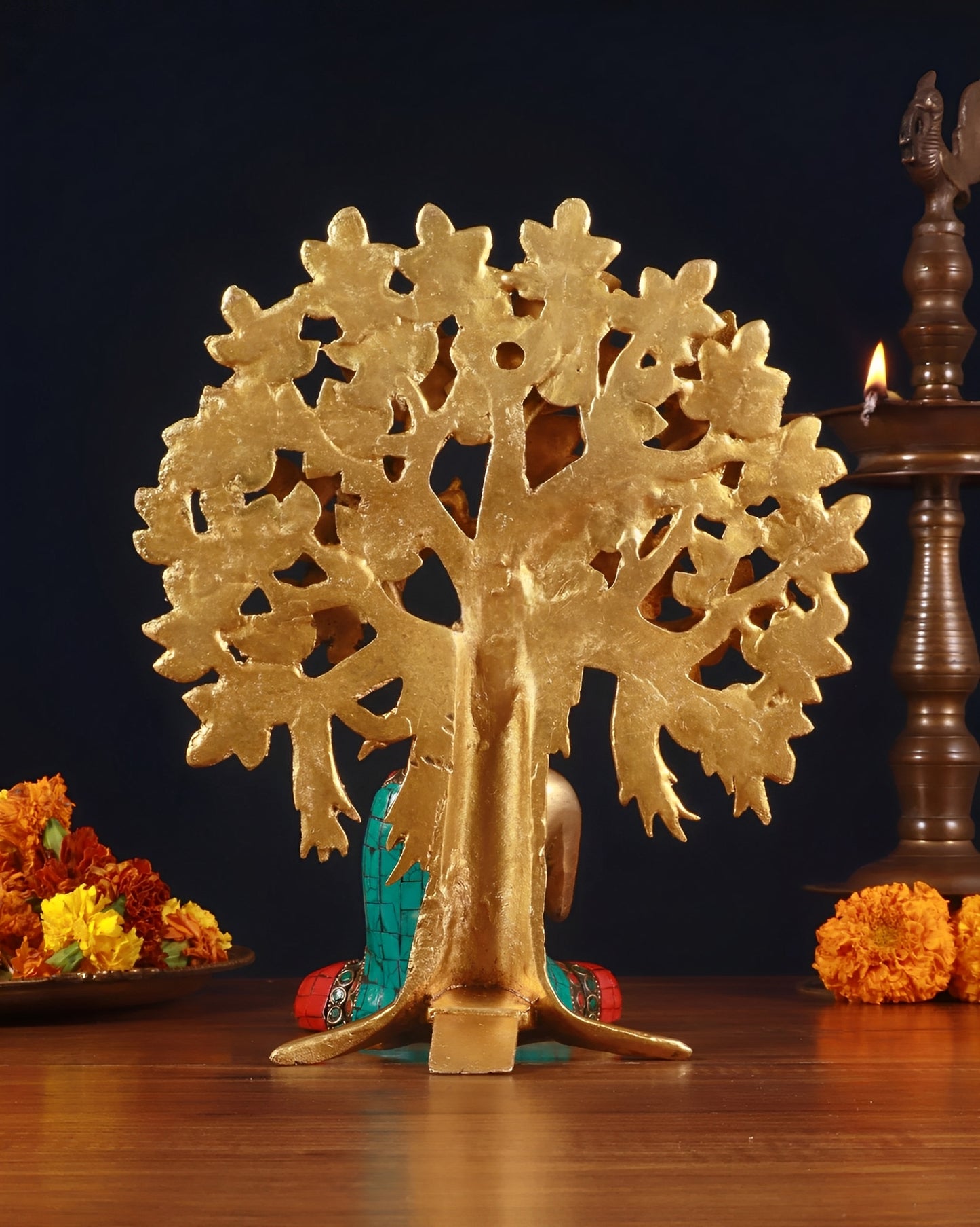Brass Gem Stone Work Blessing Buddha Statue Weight 1.2 kg With Kalpavriksha Tree