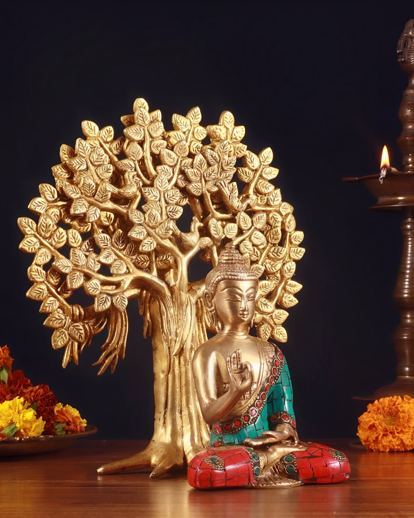 Brass Gem Stone Work Blessing Buddha Statue Weight 1.2 kg With Kalpavriksha Tree