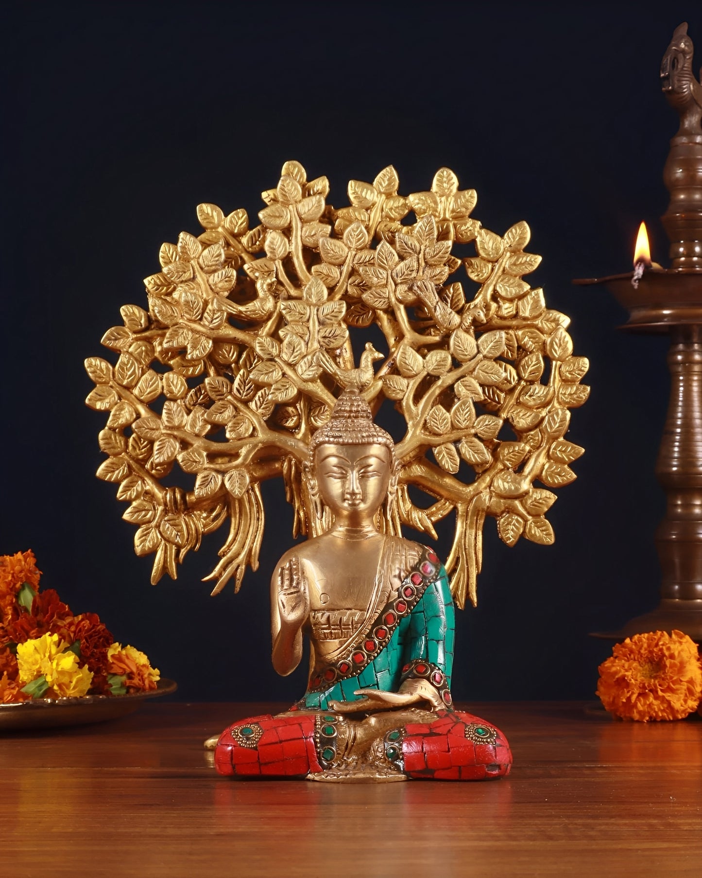Brass Gem Stone Work Blessing Buddha Statue Weight 1.2 kg With Kalpavriksha Tree