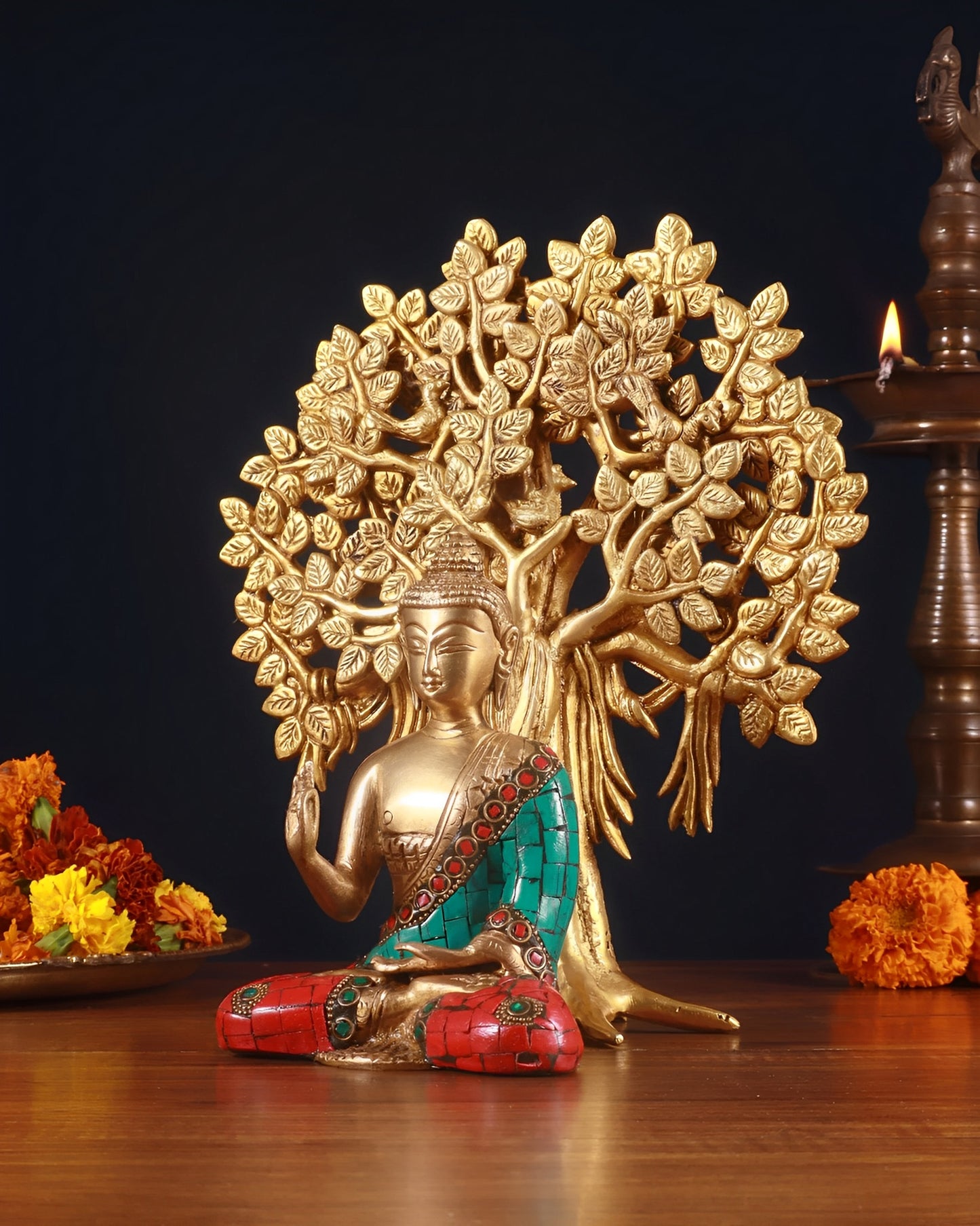 Brass Gem Stone Work Blessing Buddha Statue Weight 1.2 kg With Kalpavriksha Tree