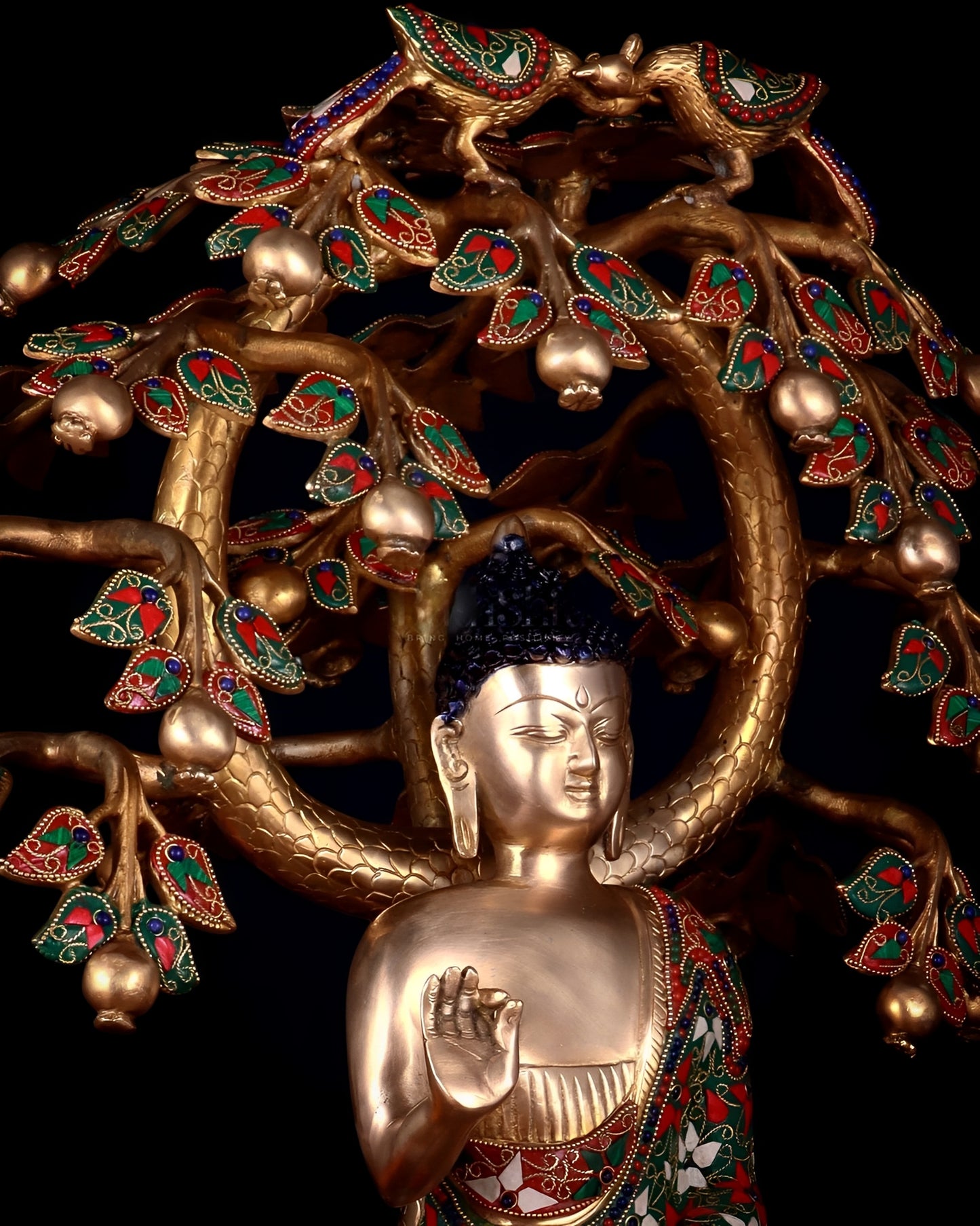 Brass Gem Stone Work Antique Blessing Buddha Tree Statue Weight 22.96 kg & Height 19.5 Inch