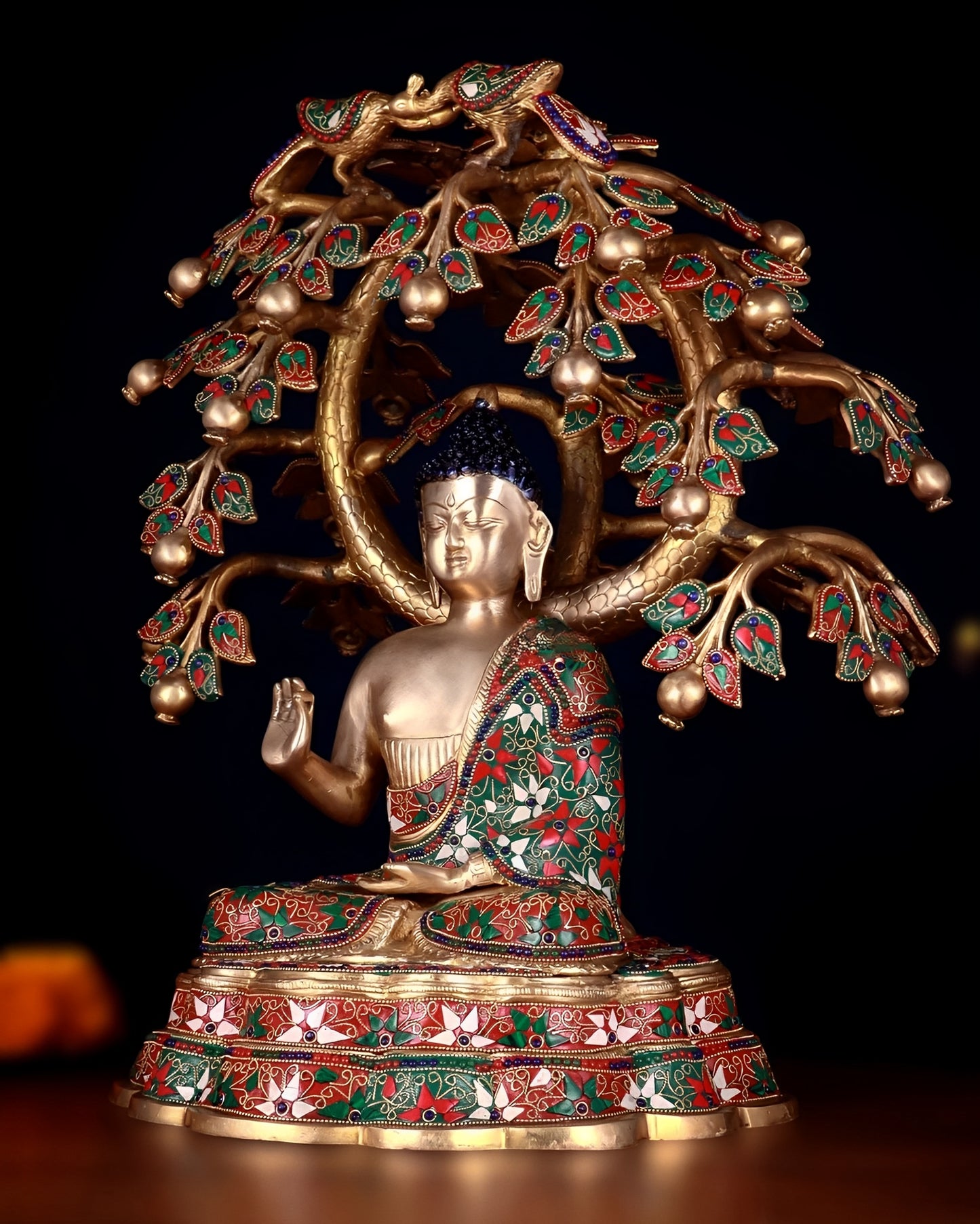 Brass Gem Stone Work Antique Blessing Buddha Tree Statue Weight 22.96 kg & Height 19.5 Inch