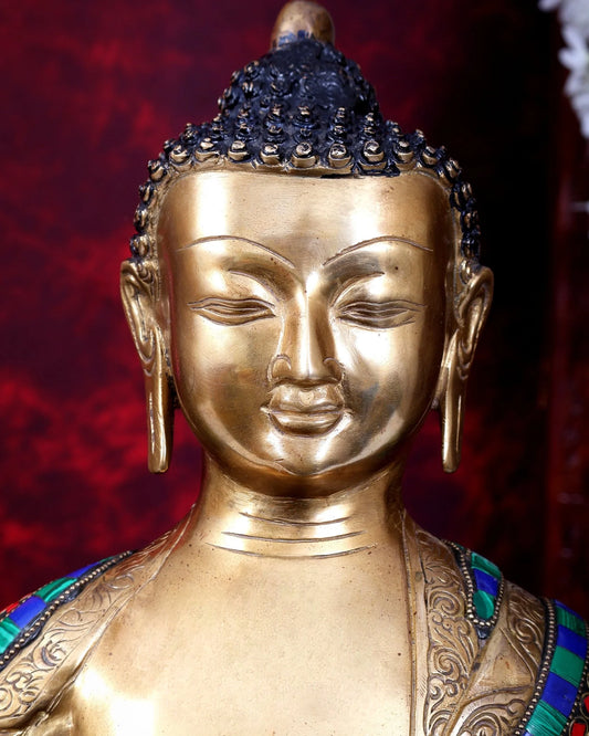 Brassaura® Buddha Bhumisparsha Mudra Idol with Golden & Multi-Color Inlay Finish | Pure Superfine Brass Handcrafted Murti | Brass Statue for Home Temple, Pooja Room | Height 21.5 Inches | Weight 22 Kgs