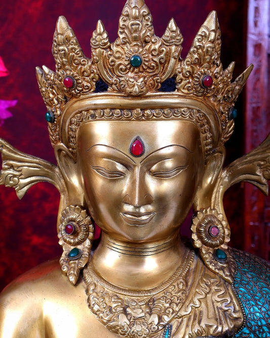 Brassaura® Buddha Crown Bhumisparsha Mudra Idol with Golden & Multi-Color Inlay Finish | Pure Superfine Brass Handcrafted Murti | Brass Statue for Home Temple, Pooja Room | Height 22 Inches | Weight 23.78 Kgs