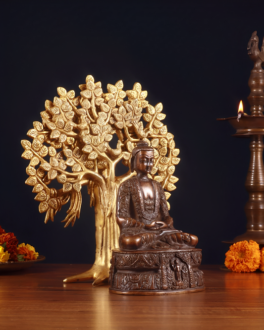 Brassaura™ Brass Buddha With Tree –  Weight 3.2 Kgs | Handcrafted Brass Sculpture for Spiritual Ambience