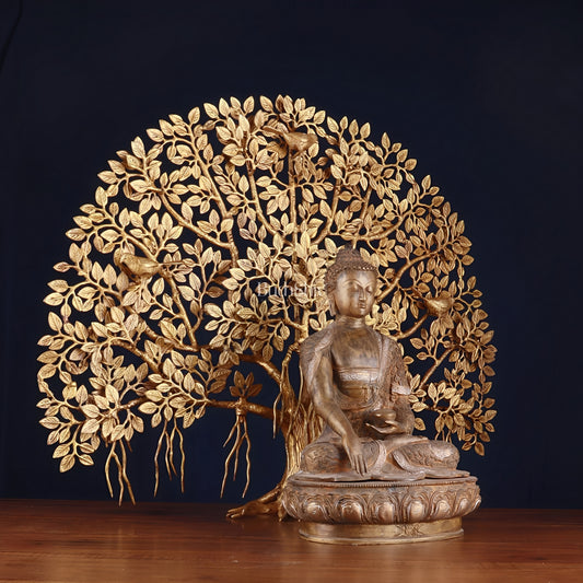 Brassaura™ Brass Buddha With Kalpavriksha Tree – Weight 30 Kgs | Sacred Brass Idol for Harmony & Meditation Spaces