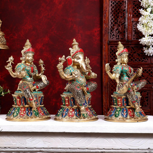 Brassaura® Ganesha Lakshmi Saraswati Idol Set with Colourful Stone Finish | Pure Superfine Brass Handcrafted Murti | Brass Statue for Home Temple, Pooja Room | Height 15 Inches | Weight 27 Kgs